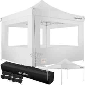 tectake Gazebo pieghevole in alluminio, 3 x 3, impermeabile, con 4 pareti laterali, con corde di tensione, picchetti e borsa, baldacchino, balcone, terrazza, gazebo da giardino, colore: bianco
