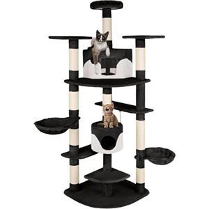 tectake® Tiragraffi per Gatti, Albero per Gatti con 2 Casette Bicolore, Tiragraffi Gatto con 2 Conche Orientabili, Albero Gatti con 3 Piattaforme, Cordicella Gioco Gatti, 204 cm - Nero/Bianco