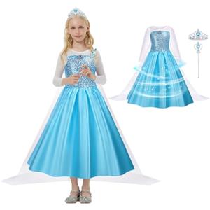AUYAO Elsa Costume, 4Pcs Elsa Vestito Set, Vestito Principessa Bambina, Set da Principessa Corona Bacchetta gonna, Cosplay Party Carnevale Halloween Abito Delle Ragazze di Vestito Fantasia(130cm)