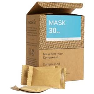 NAPKIN Mask 30 - Maschere viso compresse in pura viscosa da idratare al momento, imbustate singolarmente. Biodegradabili e Anallergiche. Confezione da 30 pz.