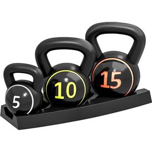 SPORTNOW Set 3 Kettlebell con Manico Liscio Base Piatta e Portapesi, Pesi da Palestra in Plastica e Sabbia, 2.2 kg 4.5 kg 6.8 kg (5lbs 10lbs 15lbs), Nero