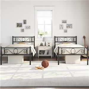 Yaheetech Set di 2 Struttura Letto Singolo in Ferro Battuto a Doghe in Metallo Stile Moderno Testiera Elegante Nero 90 x 190 cm