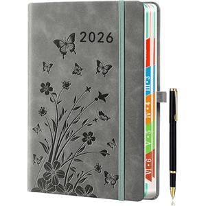 HwxBen 2026 Agenda per pagina, A5 Agenda per giorno da gennaio a dicembre, Agenda giornaliera e mensile con schede mensili colorate, design floreale, portapenne elastico, 2 segnalibri, tasca interna, grigio.