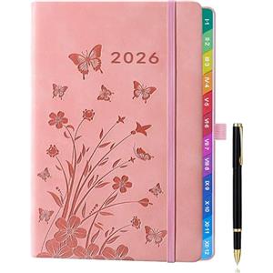 HwxBen Agenda Settimanale 2026 A5 con Penna - Diario Planner Rosa da Gennaio a Dicembre, con Etichette Mensili, Chiusura Elastico, Portapenne e Tasca - Perfetta per Scuola o Casa