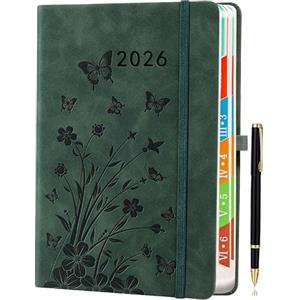 HwxBen 2026 Diario Giorno per Pagina, A5 Diario Pagina per Giorno Gennaio-Dicembre, Agenda Giornaliera e Mensile con Schede Mensili Colorate, Design Floreale, Portapenna Elastico, Tasca Interna, Verde Mare.