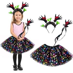 Bseical Costume Halloween Bambina Strega, Vestito Halloween Bambina Zucca, Set di Bacchetta Magica e Gonna Corta, Vestito Halloween Bambino Accessori Diavolo Gonna Tulle Tutu Carnevale (Fascia di Zombie)