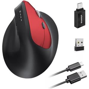 Wowssyo Mouse wireless ergonomico 3 modalità [Bluetooth 5.2, 2.4G, cablato] Wireless verticale, mouse bluetooth senza fili 1200/1600/2400/3200/6400/9600 DPI, ricaricabile, 6 tasti, PC/Mac rosso