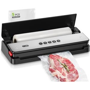 Bonsenkitchen Macchina per sottovuoto per alimenti secchi e umidi con cutter integrato, contiene 1 rotolo di sacchetti di pellicola, 5 sacchetti sottovuoto pretagliati