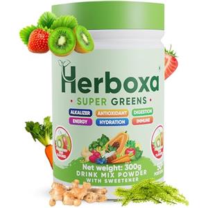 Herboxa SUPER GREENS Integratore Verde 50 Porzioni Fibra Probiotici Enzimi Digestivi Radice di Cicoria Zinco Cromo Gusto Fragola Kiwi Naturale Senza Zuccheri
