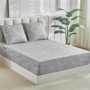 Tokokimo Lenzuolo con Angoli Matrimoniale 180x200 cm, tascone 35 cm, con 2 Federe 65x65 - Copripiumino in Microfibra Morbida Motivo Rami Reversibile, Grigio Bianco