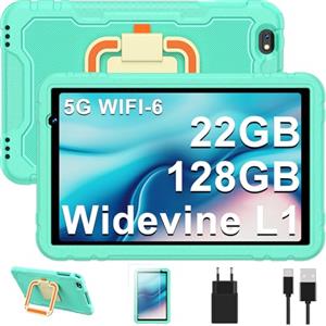 JUEDUR Tablet bambini 10 pollici Android 14 tablets, Octa-Core, 22GB + 128GB (TF 1TB), Controllo Parentale, 8000mAh, Widevine L1, 5G WiFi6, BT 5.0, 5+8MP, EVA custodia protettiva resistente agli urti (verde)