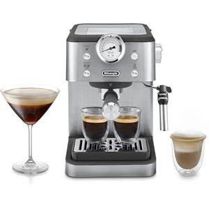 De'Longhi Classic EM450.M, Macchina da Caffè Manuale con Schiumatore, Macchina Espresso Barista, Ugello per Cappuccino, Filtro Doppia Parete, 15bar, Tazze Fino 13cm, Acciaio Inossidabile/Metallo