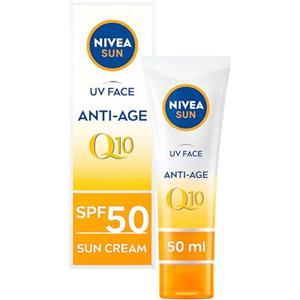 Nivea Sun NIVEA UV Face SPF50 Q10 Antietà 0% Residuo bianco (50 ml), crema solare viso Q10, crema viso UV anti-età con SPF50, confezione può variare
