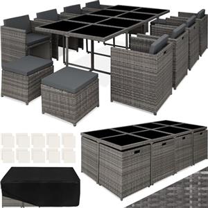 TecTake® Set di Mobili da Giardino in Poli Rattan, 8 Sedie, 1 Tavolo, 4 Sgabelli, Rivestimenti Rimovibili e Idrorepellenti, Salvaspazio, Sistema a Incastro, Set Giardino, Esterno - Grigio