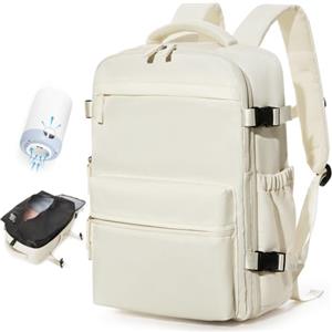 BOXSAM Zaino Sottovuoto Viaggio Con Pompa Zaino Esayjet 45x20x36 Aereo Bagaglio a Mano Borsa da Cabina per Donna Uomo Zaini 15.6 Pollici Porta PC Casual Impermeabile Daypack Beige.