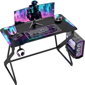 BEXEVUE Scrivania Gaming 100x50 cm con LED RGB Armor, Tavolo PC in Fibra di Carbonio con Telaio a Z, Gancio per Cuffie, Montaggio Facile, Nero