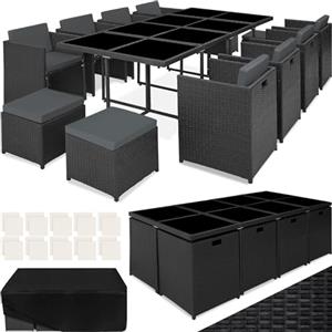 TecTake® Set di Mobili da Giardino in Poli Rattan, 8 Sedie, 1 Tavolo, 4 Sgabelli, Rivestimenti Rimovibili e Idrorepellenti, Salvaspazio, Sistema a Incastro, Set Giardino, Esterno - Nero