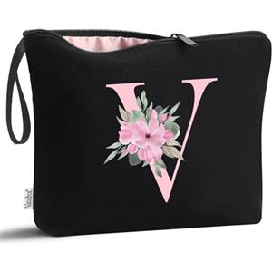 Vavabox Beauty case con iniziali personalizzate dalla A alla Z, regalo di compleanno per donne, regalo per sposa, damigella d'onore (V, 01-Nero)