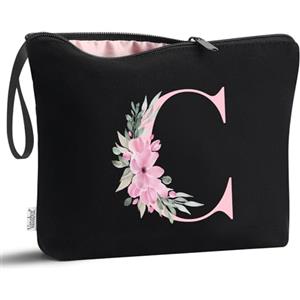 Vavabox Beauty case con iniziali personalizzate dalla A alla Z, regalo di compleanno per donne, regalo per sposa, damigella d'onore (C, 01-Nero)