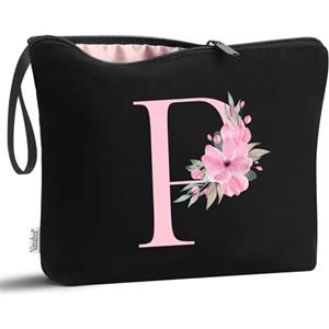 Vavabox Beauty case con iniziali personalizzate dalla A alla Z, regalo di compleanno per donne, regalo per sposa, damigella d'onore (P, 01-Nero)