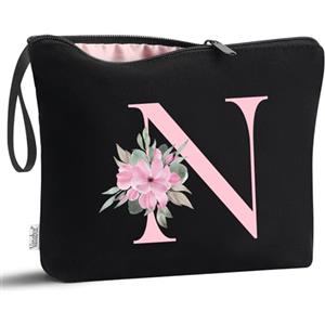 Vavabox Beauty case con iniziali personalizzate dalla A alla Z, regalo di compleanno per donne, regalo per sposa, damigella d'onore (N, 01-Nero)