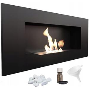 KRATKI Delta 2 Caminetto a bioetanolo + ciottoli + imbuto + set per aromaterapia | Installazione a parete o ad incasso l Biocontenitore 0,5 l, TÜV | Acciaio, 40 x 90 cm, nero