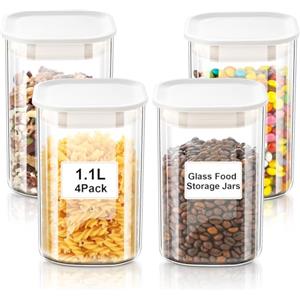 VINATO Barattoli Vetro con Coperchio (4 x 1100ml) Contenitori Pasta Vetro, Barattoli Cucina con Coperchio Contenitori Ermetici Vetro per Sale Farina Spezie Cereali & Caffè, Lavabili in Lavastoviglie