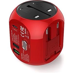 Milool Adattatore Universale da Viaggio con QC3.0 Quick Charge 2 Porte USB 3.0 e 1 Interfaccia Type-C US/EU/UK/AU in One Caricatore Multifunzioni per Oltre 180 Paesi, 2 Fuse (Spare Fuse) -Rosso
