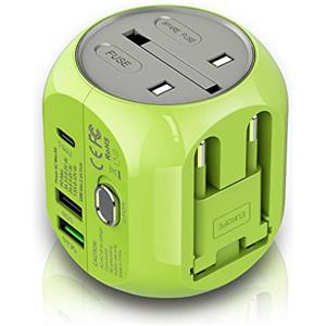 Milool Adattatore Universale da Viaggio con QC3.0 Quick Charge 2 Porte USB 3.0 e 1 Interfaccia Type-C US/EU/UK/AU in One Caricatore Multifunzioni per Oltre 180 Paesi, 2 Fuse (Spare Fuse) (Verde)