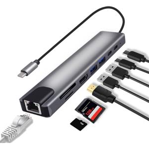 YARCHONN USB C Hub Docking Station 8 in 1 Adattatore multiporta Tipo C a RJ45 Ethernet 87W PD Ricarica USB3.0 USB2.0 Lettore di schede SD/TF HDMI Tipo-C porte dati per laptop