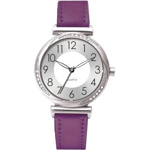 NUOVO Orologio da polso da donna con cristalli, quadrante argentato, cinturino in pelle, da donna, semplice business, classico, casual, orologio al quarzo, Lilla, Classico