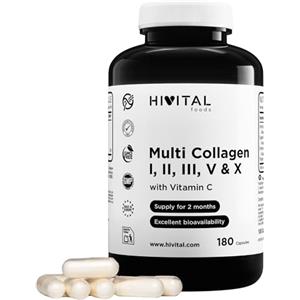 HIVITAL foods Multi Collagene Idrolizzato. 180 capsule per 2 mesi. Con Collagene di Tipo I, II, III, V e X. Con Colagene Bovino e di Pollo Idrolizzato, Membrana di Guscio d'Uovo e Vitamina C. Prodotto da HIVITAL