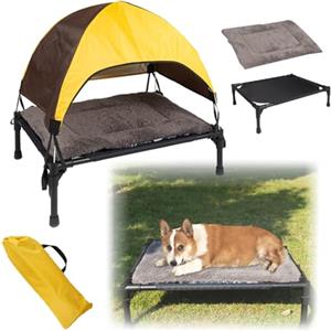 RATSTONE Cuccia Rialzata Per Cani Da Esterno Con Tetto,Lettino Per Cani,Protezione Dal Sole Su Tre Lati Con Piedi Antiscivolo,Include Cuscino e Sacca Di Stoccaggio,Per Campeggio,Giardino,Spiaggia e Piscina