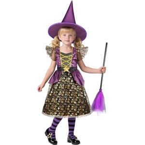 BSBUY Costume da Strega per Bambina, Bambini Costume di Streghetta per Halloween, 4PZ Vestito con Glitter da Strega per Bambina, con Scopa, Cappello, Vestiti da Witches per Halloween e Carnevale