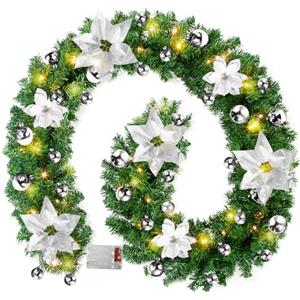 BORDEAG Ghirlanda natalizia, 2,7 m, con illuminazione, ghirlanda di Natale con luci a LED, ghirlanda di abete con fiori, bacca rossa, per decorazione di interni, camino, porta di casa, interni ed esterni