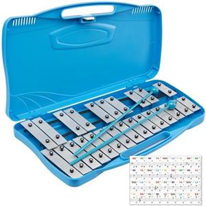 ffalstaff Metallofono con 25 Piastre argentate | custodia rigida Blu con maniglia incorporata | due battenti inclusi con lo strumento | Adesivi con notazione Italiana