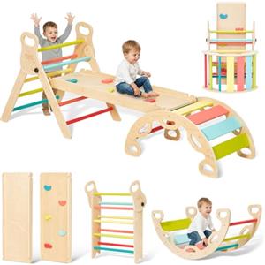 Giant bean Struttura per Arrampicata Interna, Trianglello Montessori 5 in 1 con Arco da Scalata e Scivolo, Triangolo in Legno per Bambini 2-5 Anni, Gioco per Arrampicata Indoor, Arcobaleno con Maniglie (S)