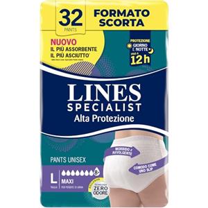 Lines Specialist Pants Maxi Unisex, Mutande Assorbenti per Incontinenza Donna e Uomo, Alta Protezione fino a 12h, Taglia L, Scorta Mensile, 4 Confezioni da 8 Unità