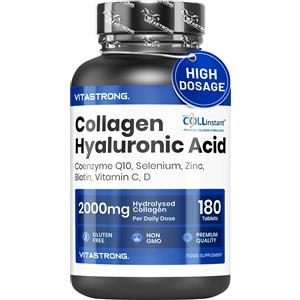 Vitastrong COLLinstant - Collagene Idrolizzato 2000mg con Acido Ialuronico, Biotina, Coenzima Q10, Zinco, Selenio, Vitamina C e D - 180 Compresse per Pelle e Articolazioni Sane