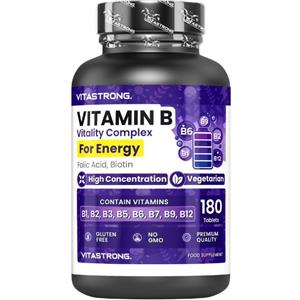 Vitastrong Vitamin B Complex - 180 Compresse con Biotina, Acido Folico e Vitamine B1, B2, B3, B5, B6, B12 per Energia e Vitalità