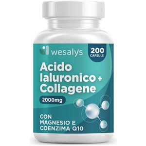 WESALYS Collagene Idrolizzato 2000mg e Acido Ialuronico 500mg - Integratore con Vitamina C, Coenzima Q10 e Zinco per Pelle, Ossa e Articolazioni - 200 Capsule