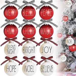 LEJHOME Decorazione natalizia, 12 palline di Natale, decorazioni per albero di Natale da 6 cm, lampadine infrangibili con fiocchi a quadri di bufalo, palline bianche rosse per albero di Natale, decorazioni