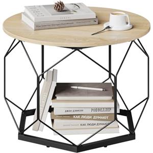 WOLTU Tavolino da Salotto Rotondo, Tavolino da Caffè con Struttura in Metallo per Soggiorno, Balcone, Divano e Letto, Rovere Chiaro+Nero, BTS27hei