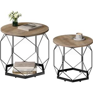 WOLTU Set di 2 Tavolini da Salotto Rotondi, Tavolini Contenitori in Legno e Metallo, Tavoli da Caffè con Piano Rimovibile, per Soggiorno, Camera da Letto, Legno Grigio, BTS05grdc