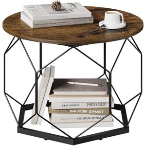 WOLTU Tavolino da Salotto Rotondo, Tavolino da Caffè con Struttura in Metallo per Soggiorno, Balcone, Divano e Letto, Marrone Rustico+Nero, BTS27vbn