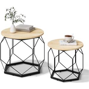 WOLTU Set di 2 Tavolini da Salotto Rotondi, Tavolini Contenitori in Legno e Metallo, Tavoli da Caffè con Piano Rimovibile, per Soggiorno, Camera da Letto, Legno + Nero, BTS05hei