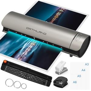 Orthland Plastificatrice A3 con 30 Pouches di Plastificazione per A3 A4 A5 A6 A7, 9 in 1 Caldo e Freddo Plastificatore con Taglierina e Arrotondatore per Ufficio Scuola Casa, 60S Riscaldamento Rapido