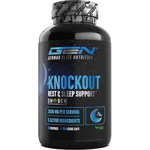 GEN GERMAN ELITE NUTRITION Knockout - Supporto per il sonno e il recupero - 120 capsule con estratto di Ashwagandha Shoden®, magnesio, L-triptofano, L-teanina naturale da tè verde, valeriana - Vegan