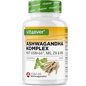 Vit4ever Complesso di Ashwagandha KSM-66® - 180 capsule - 600 mg di ashwagandha al giorno - Con magnesio, zinco e vitamina B6 - Senza additivi - Altamente dosato - Vegan