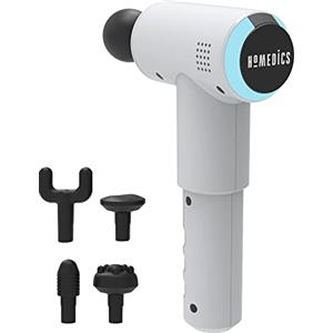 HoMedics, Pistola Massaggio Muscolare, Massaggiatore Elettrico Portatile a Percussione per Tessuti Profondi, Batteria Ricaricabile da 4000 mAh, 5 Testine Massaggianti, 3 Velocità 2100-3000 rpm, Bianco